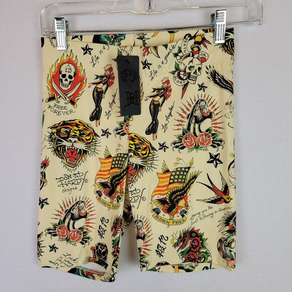Ed Hardy Pants - Ed Hardy Womens Graphic Biker Shorts Size XS Yellow Mid Rise Athleisure Tattoo